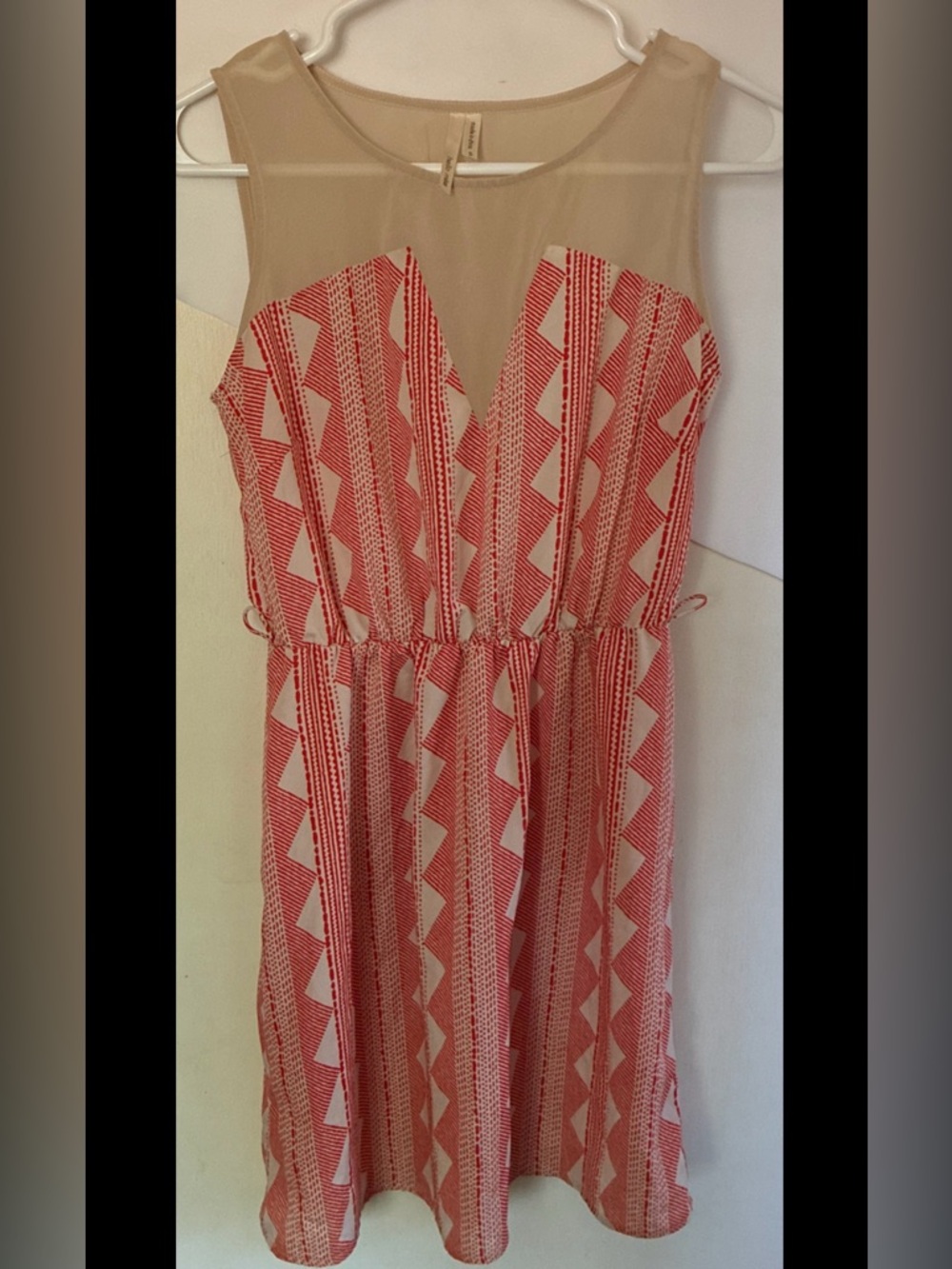 Hello Miss-Women's Red/ Tan Sheer MidiDress 100% Poly Size Small Elastic Waist